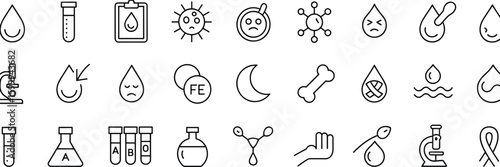 Blood donation and anemia icon set – hemoglobin, blood drop, test tubes, iron deficiency, medical lab, infection, bone health