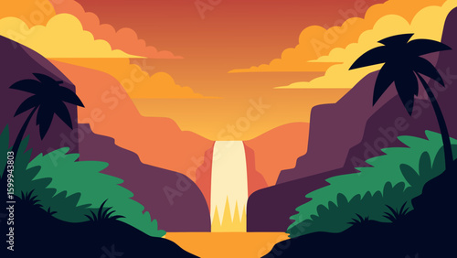 Waterfall in Jungle Valley at Sunset