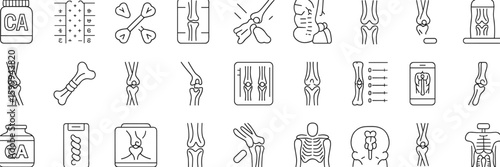 Bone health and joint care icon set – orthopedic symbols, calcium supplements, arthritis, X-rays, fractures, spinal alignment, injury recovery