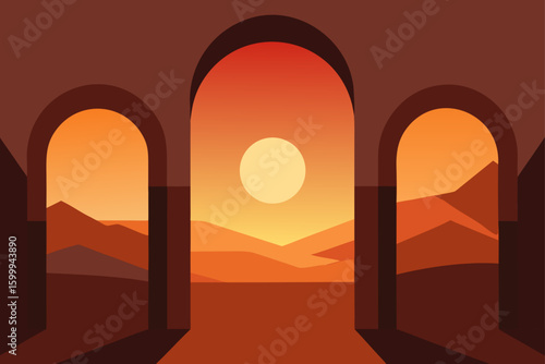 Sunset Through Stone Arches in Desert