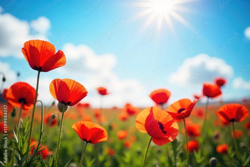 Obraz premium Vibrant red poppies bathed in sunlight, a field of intense color against a bright blue sky Perfect for summer, warmth, and nature themes , flower, sun