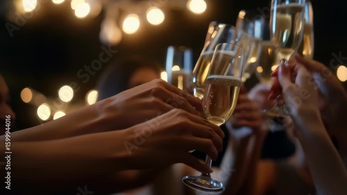 Friends raise champagne glasses for celebration toast at evening party, creating memorable moments with festive string lights and joyful gathering