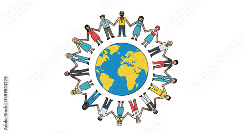 People of different cultures and races holding hands around the planet earth symbolizing global unity and diversity connection