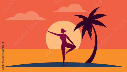 Beach Sunset Yoga with Palm Silhouettes