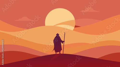 Sunset Nomad Scene With Walking Stick