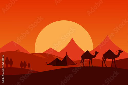 Nomadic Camp With Camels at Dusk