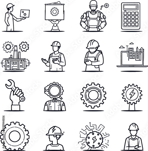 Engineering and Industry Icon Grid Featuring Gears, Devices, Workers, Energy Symbols and Factory Elements for Technical Graphics