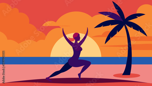 Beach Sunset Yoga with Palm Silhouettes