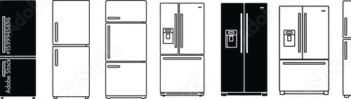 Collection of various refrigerator styles and colors, presented in a clean, modern line art and silhouette format