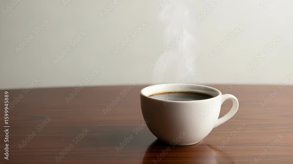 Steaming Coffee in White Mug on Polished Wood Table Against Soft White Background Steaming Coffee in White Mug on Polished Wood Table Against Soft White Background