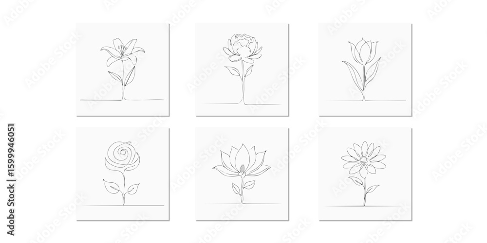 Bundle: 6 Collection of six flower drawings, simple botanical art Bundle: 6 Collection of six flower drawings, simple botanical art