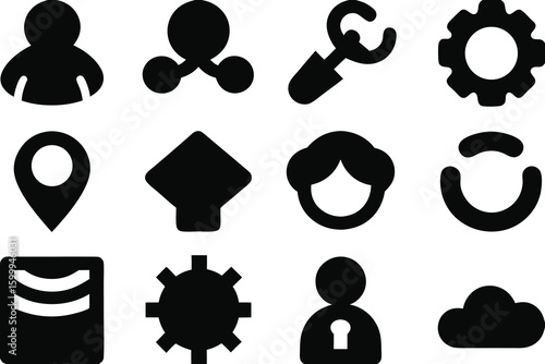 Black and white icon collection with diverse symbols set of icons