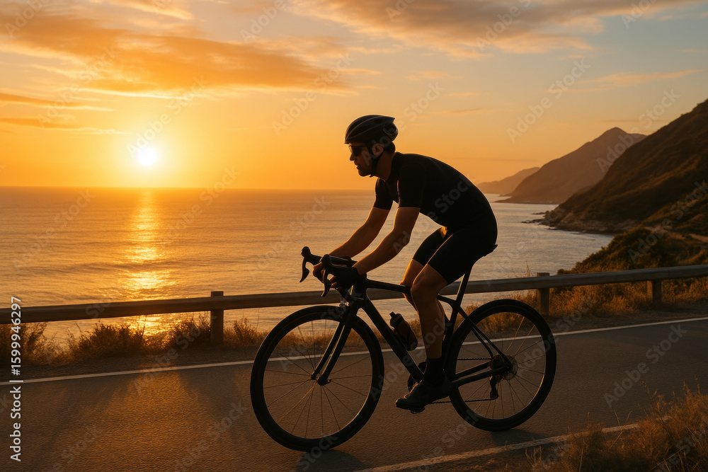 Fototapeta premium Man riding bike at sunset on road. Total characters: .