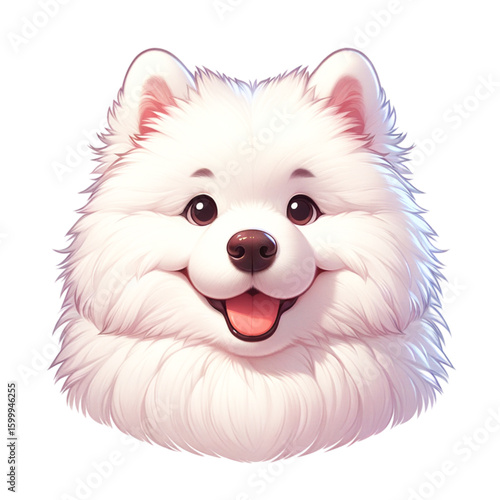 Fluffy White Spitz Smiling: A charming portrait of a white spitz dog, its fluffy fur, and joyful expression, epitomizing a scene of pure joy and the sweet affection of a friendly pet.