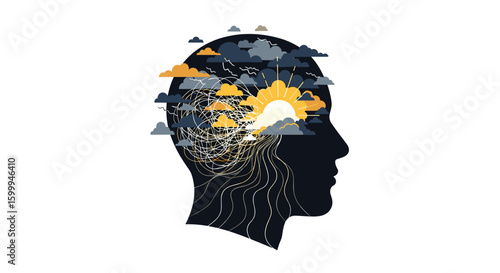 The human mind navigating complex thoughts and ideas through creative cloud formation and illumination
