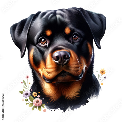 Rottweiler Portrait with Flower: A striking Rottweiler, featuring a rich coat with distinct markings, its gaze exudes warmth and loyalty, accented with delicate floral accents