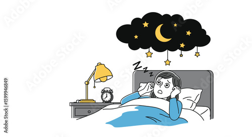Illustration of a person struggling to sleep in bed with a thought cloud overhead depicting the night sky and stars