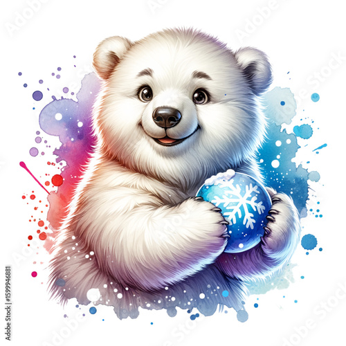 Charming polar bear: A cute polar bear cub holds a decorated snowball against a colorful background. Perfect for illustrating themes of winter joy, festive fun, and animal warmth.