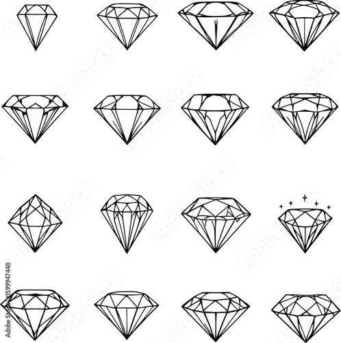 Diamond Cut Vector Icon Set Featuring Line Drawings of Brilliant, Emerald, Oval, Princess and Geometric Gems for Luxury Graphics