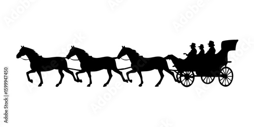 Four Horse Drawn Carriage Silhouette Vector – Vintage Wagon with Passengers Clipart