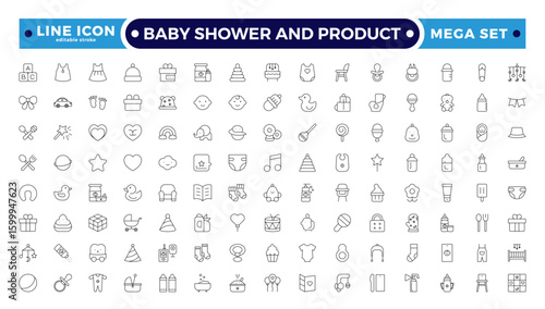 Baby Shower And Product Outline Icon Set. Newborn, diaper, baby bottle, crib, pacifier, toy, pin, bib, first days of life, supplies, healthcare, transportation. Editable stroke outline icon. 
