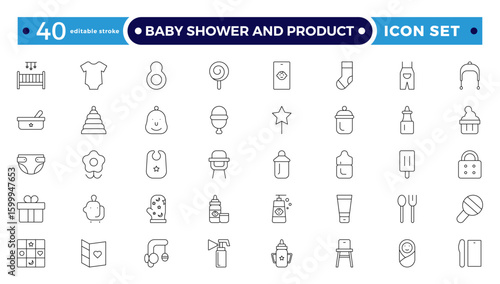 Baby Shower And Product Outline Icon Set. Newborn, diaper, baby bottle, crib, pacifier, toy, pin, bib, first days of life, supplies, healthcare, transportation. Editable stroke outline icon. 
