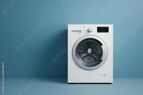White washing machine on blue background.