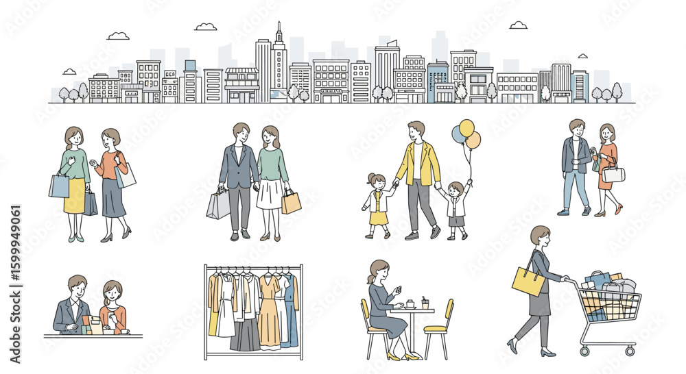 Obraz premium Illustrations of people engaged in various everyday activities including shopping and leisure in an urban setting