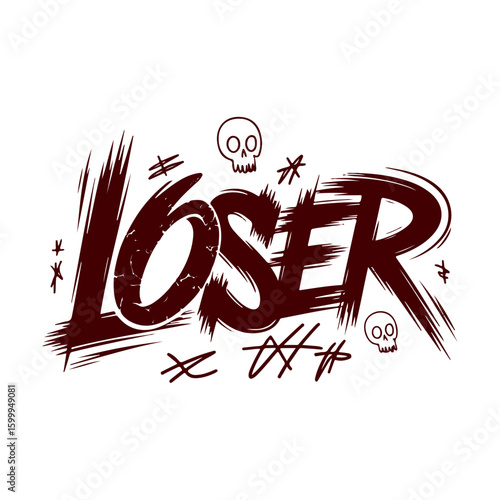 The word "LOSER" in stylized, jagged font with skull and cross symbols, on a white background.