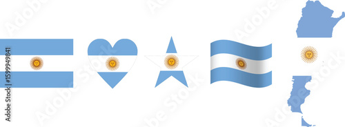 Argentina flag and map set. Argentina flag in official colours . independence day 9 july, map, circle,rectangle and heart shaped argentina 

