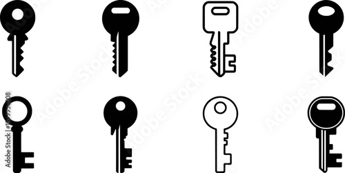 Black and white icons of various keys lock security