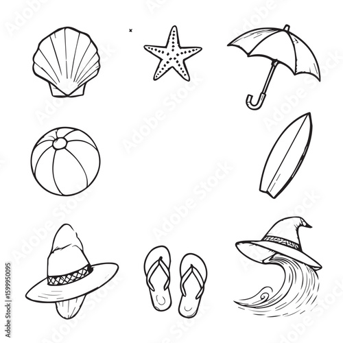 Beach vacation essentials including seashell, starfish, umbrella, surfboard, and ball.