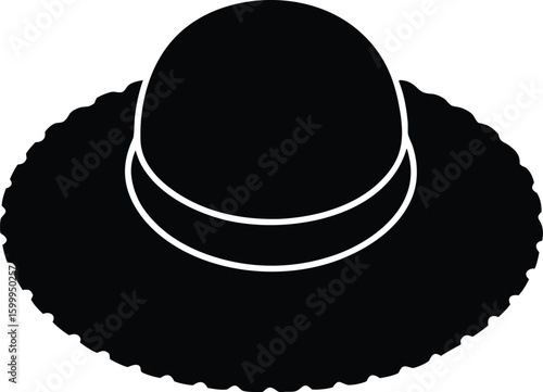 Textured black silhouette of a straw beach hat isolated on transparent background