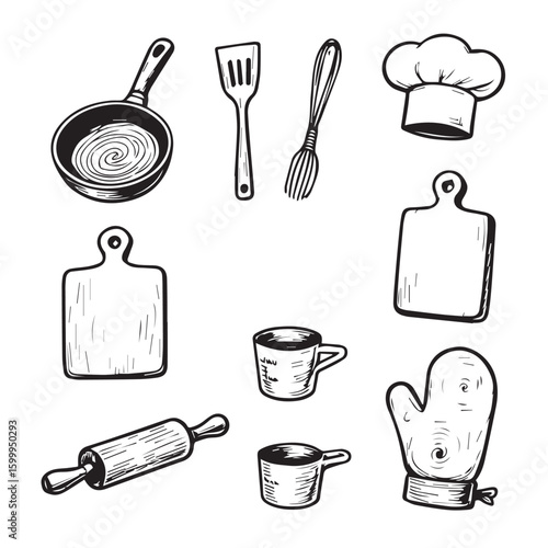 Collection of hand-drawn kitchen utensils and cooking items