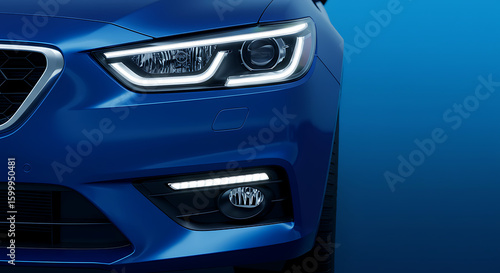 Dynamic and sleek, the front quarter of a blue car showcasing its contemporary LED headlights and design.

