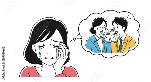 Woman crying because she overhears coworkers gossiping about her workplace bullying