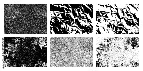 set of distressed grunge overlay textures featuring black grain, scratches, and damage effects for design, digital art, backgrounds, and abstract vintage style