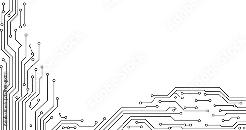 Black circuit board traces and nodes on white background electronic technology