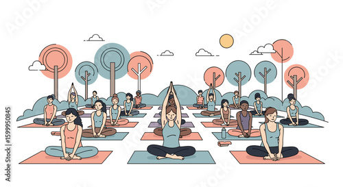 A peaceful outdoor yoga session promotes wellness and mindfulness among diverse participants on a sunny day