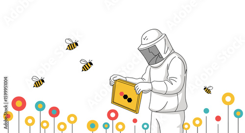 Beekeeper tending to a busy hive surrounded by a field of colorful flowers and buzzing bees on a bright sunny day