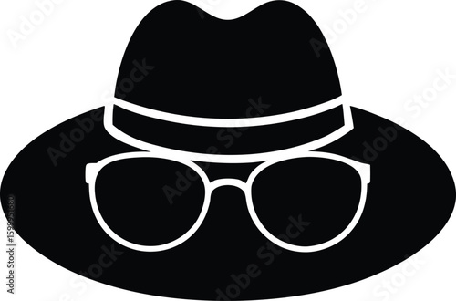 Black silhouette of a wide brimmed hat with sunglasses isolated on transparent background silhouette