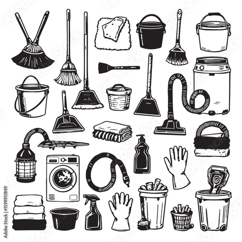 Collection of cleaning tools and supplies for housekeeping and chores