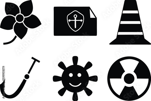 Black and white icons flower shield traffic cone fishing hook virus radiation symbol set of silhouettes