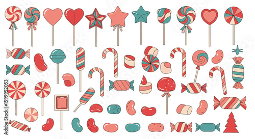 Collection of festive pixel art candies and lollipops perfect for holiday designs and sweet treats themed projects