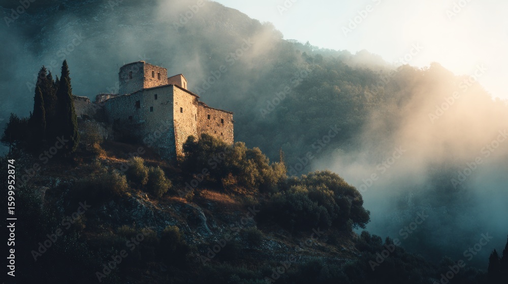 Fototapeta premium Misty mountaintop castle