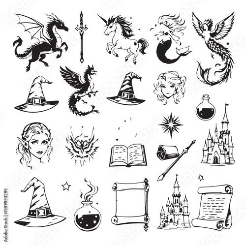 Fantasy elements collection dragon unicorn mermaid phoenix witch hats castle