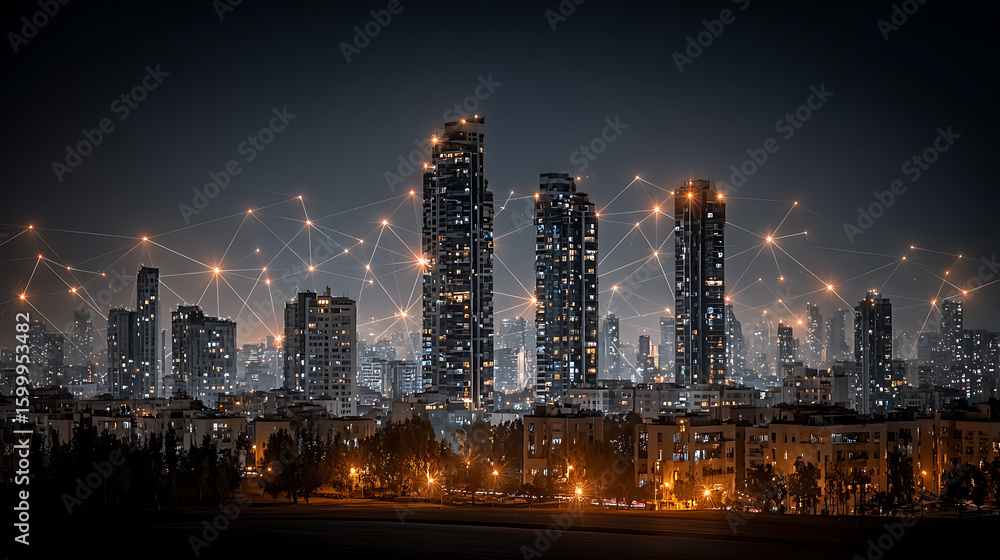 Fototapeta premium Nighttime city skyline with connected digital network lights