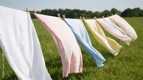 Pastel laundry drying gently on a line in a green field, Soft colored linens blowing gently in the breeze on a summer day