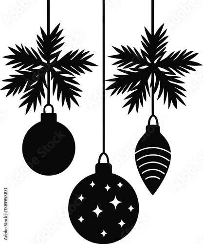 Black silhouette of hanging christmas ornaments from a pine tree isolated on transparent background silhouette