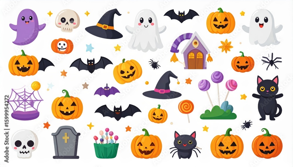 Naklejka premium Halloween seamless pattern set: cute cartoon vector illustration of spooky pumpkins, ghosts, bats, and witches for autumn holiday celebration